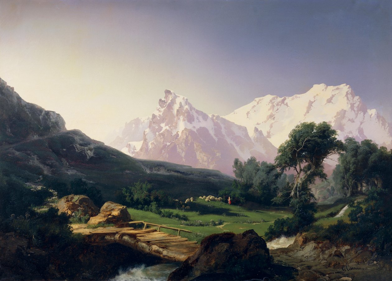 Alpejskie szczyty, dolina Gressoney, autorstwa Giuseppe Camino (1818-1890) autorstwa Giuseppe Camino