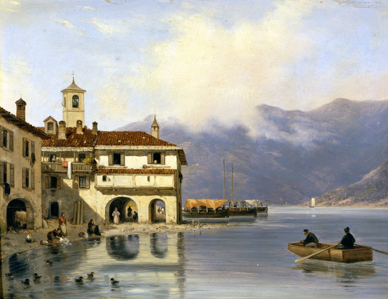 Como. Brzeg i port Menaggio (1850). Obraz Canelli. Menaggio (Como). autorstwa Giuseppe Canella
