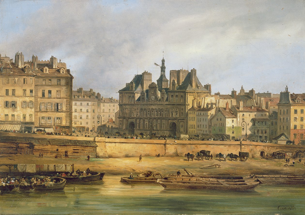 Hotel de Ville i nabrzeże, Paryż, 1828 autorstwa Giuseppe Canella