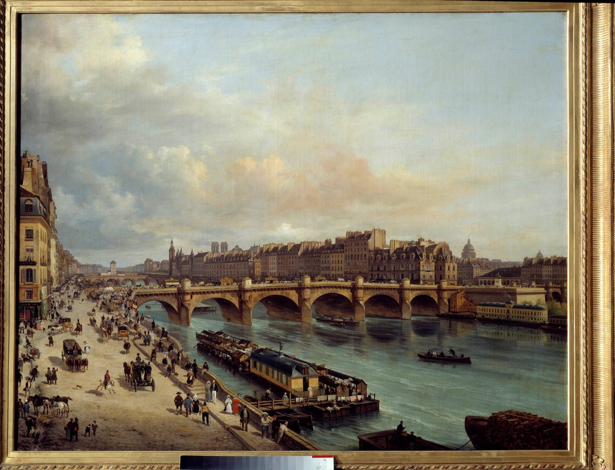 La cite et le Pont Neuf widziane z Quai du Louvre Na pierwszym planie myjnia łodzi (boat-wash) i wielka aktywność brzegów Sekwany. Obraz Canella Giuseppe Canella l