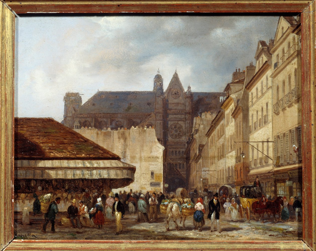 Rue des Prouvaires i kościół św. Eustachego (Quartier des Halles) w Paryżu. Obraz Giuseppe Canelli (1788-1847) Ec.ital. autorstwa Giuseppe Canella