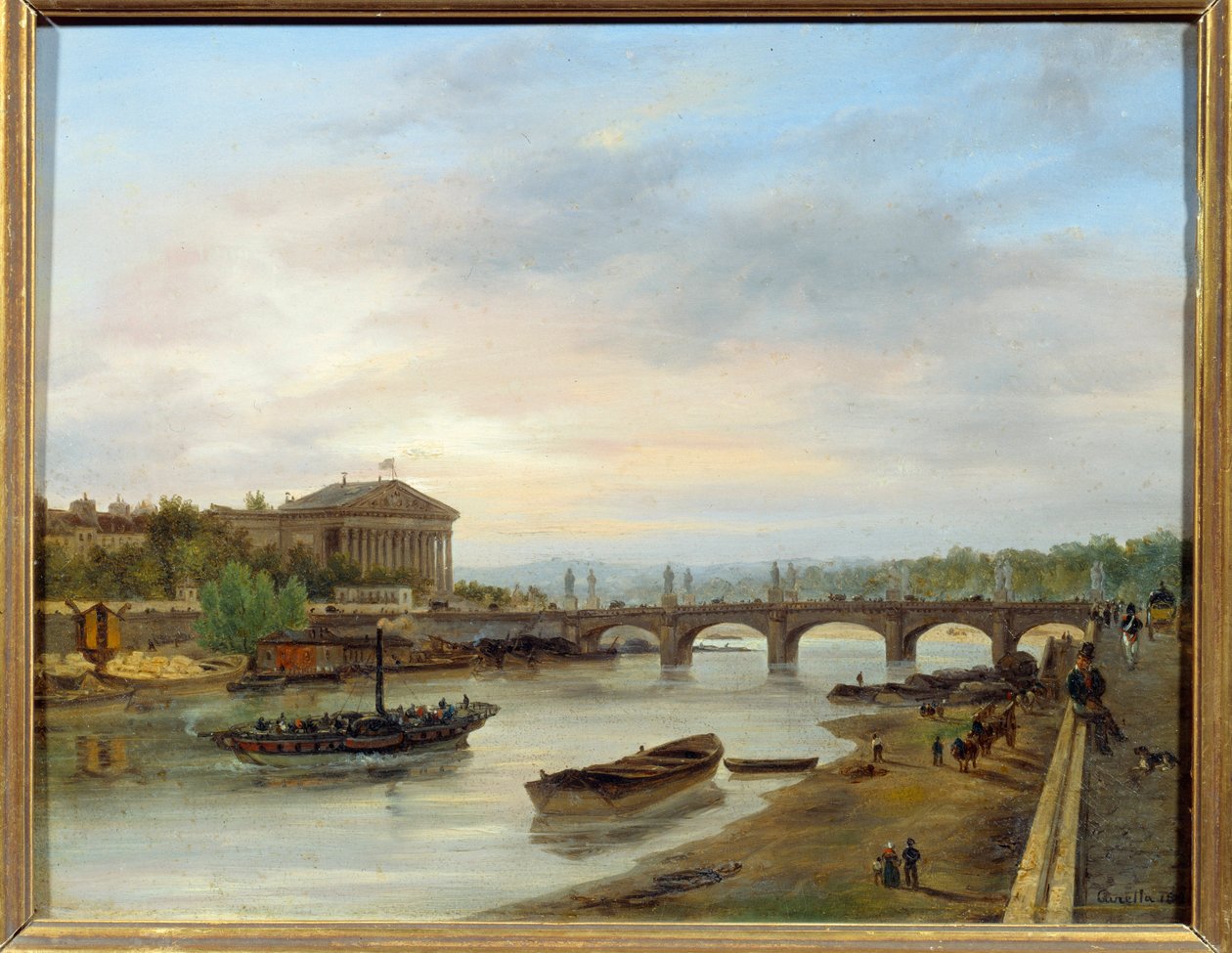 Palais Bourbon i Pont Louis XVI (Pont de la Concorde) widziane z Quai des Tuileries w Paryżu. Obraz Giuseppe Canelli (1788-1847) EC.ITAL. autorstwa Giuseppe Canella
