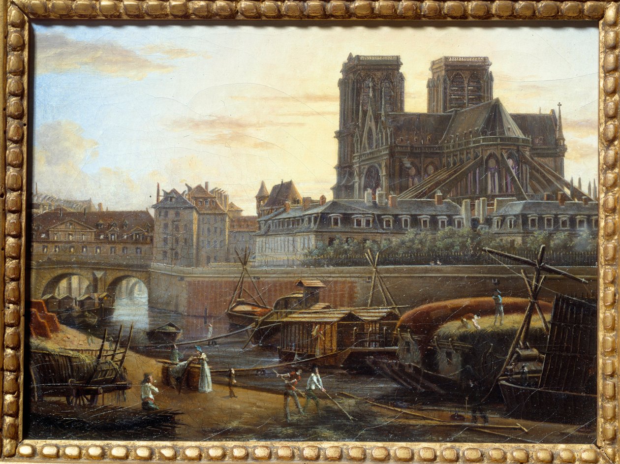 Most św. Karola, hotel dieu, archeveche i Notre Dame widziane z Quai de la Tournelle w Paryżu. Obraz Giuseppe Canelli (1788-1847) EC.ITAL. autorstwa Giuseppe Canella