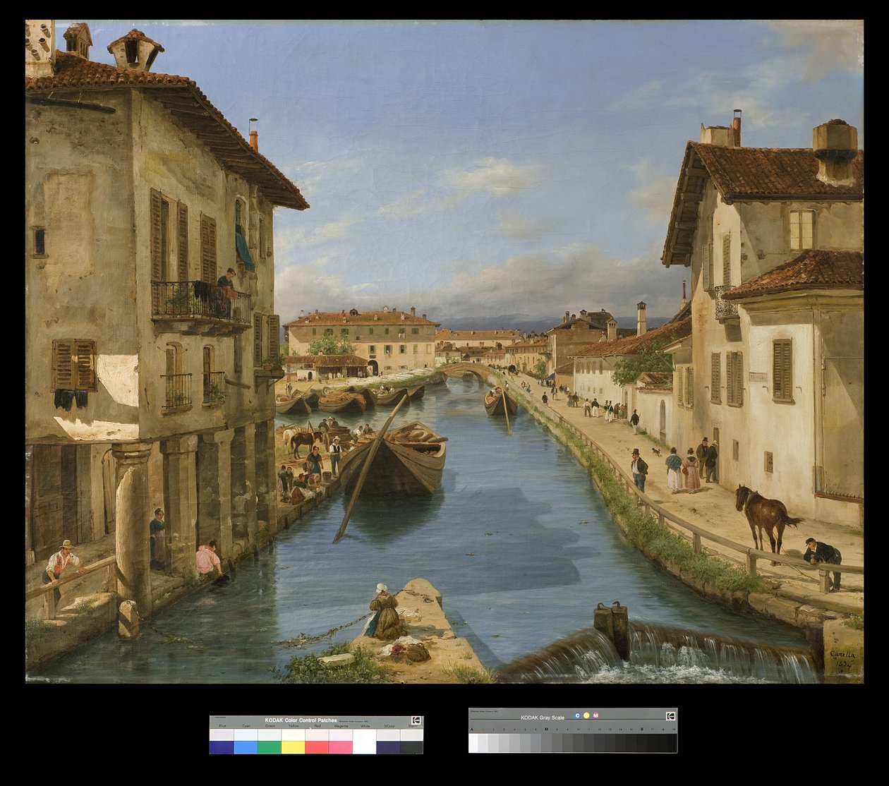 Widok na kanał Naviglio z mostu San Marco w Mediolanie, 1834 autorstwa Giuseppe Canella