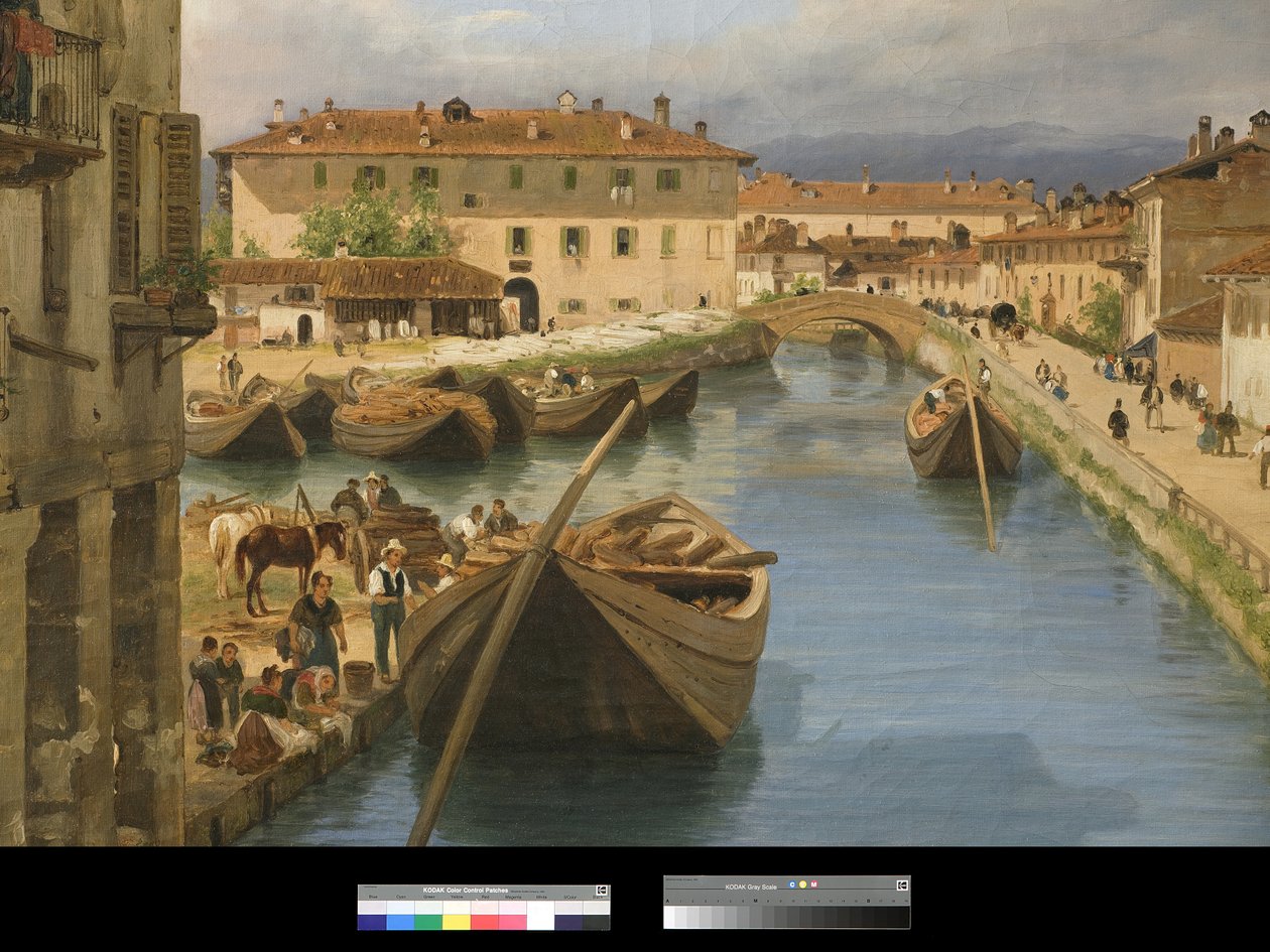 Widok na kanał Naviglio z mostu San Marco w Mediolanie, 1834 autorstwa Giuseppe Canella