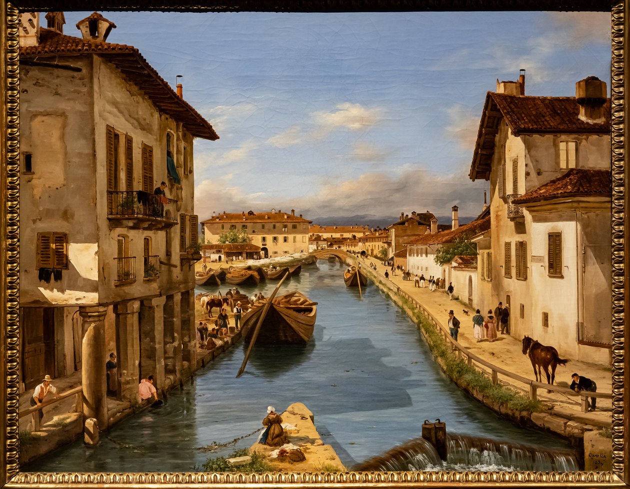 Widok na kanał Naviglio z mostu św. Marka, ok. 1850 (olej na płótnie) autorstwa Giuseppe Canella