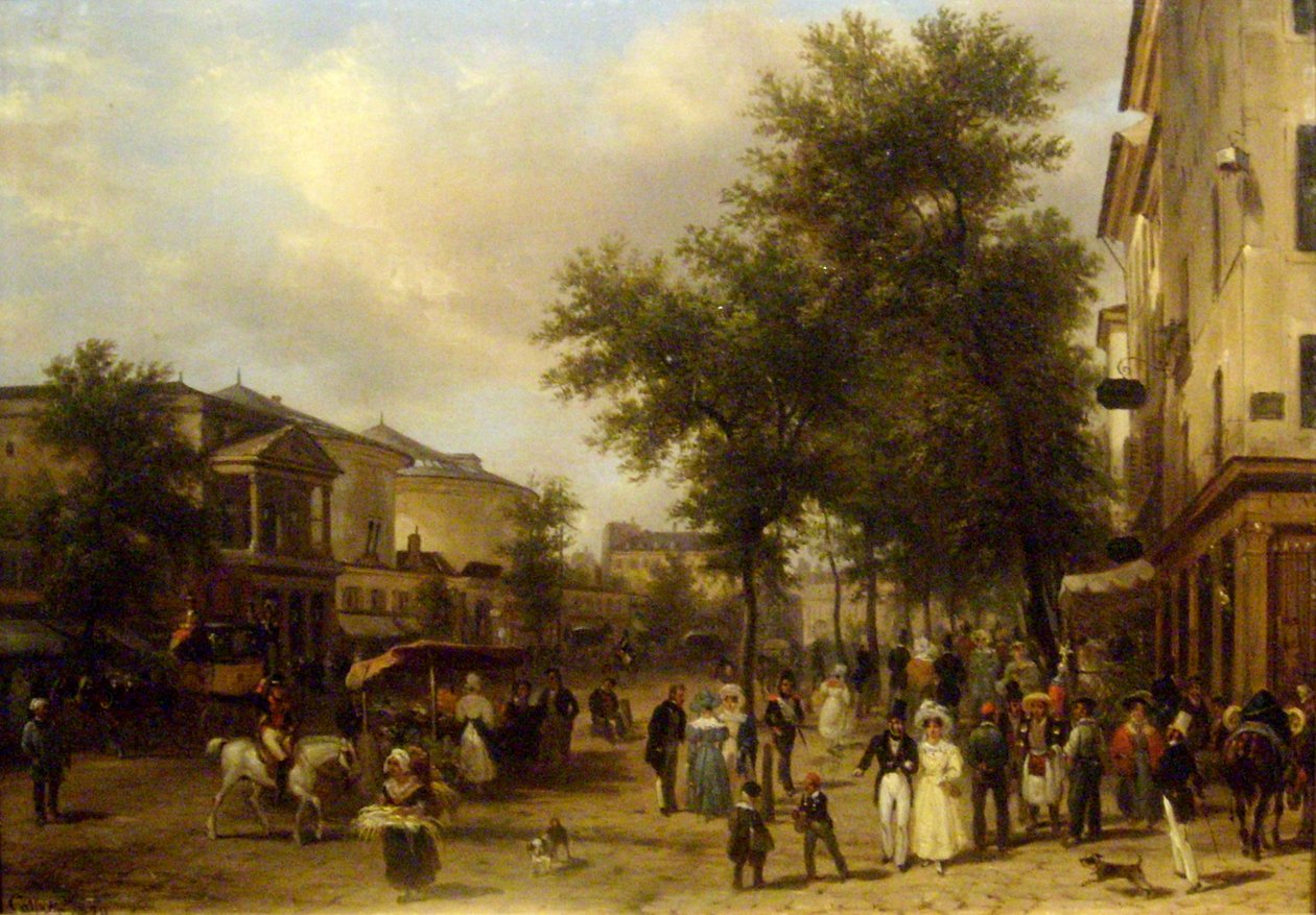 Widok na Boulevard Montmartre, Paryż [pokazujący Théâtre des Variétés i Passage des Panoramas]. autorstwa Giuseppe Canella