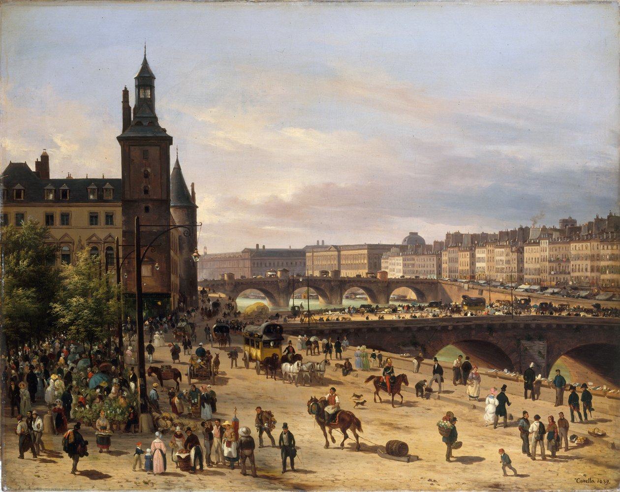 Targ kwiatowy, Wieża Zegarowa, Pont au Change i Pont-Neuf, 1832. autorstwa Giuseppe Canella the Elder