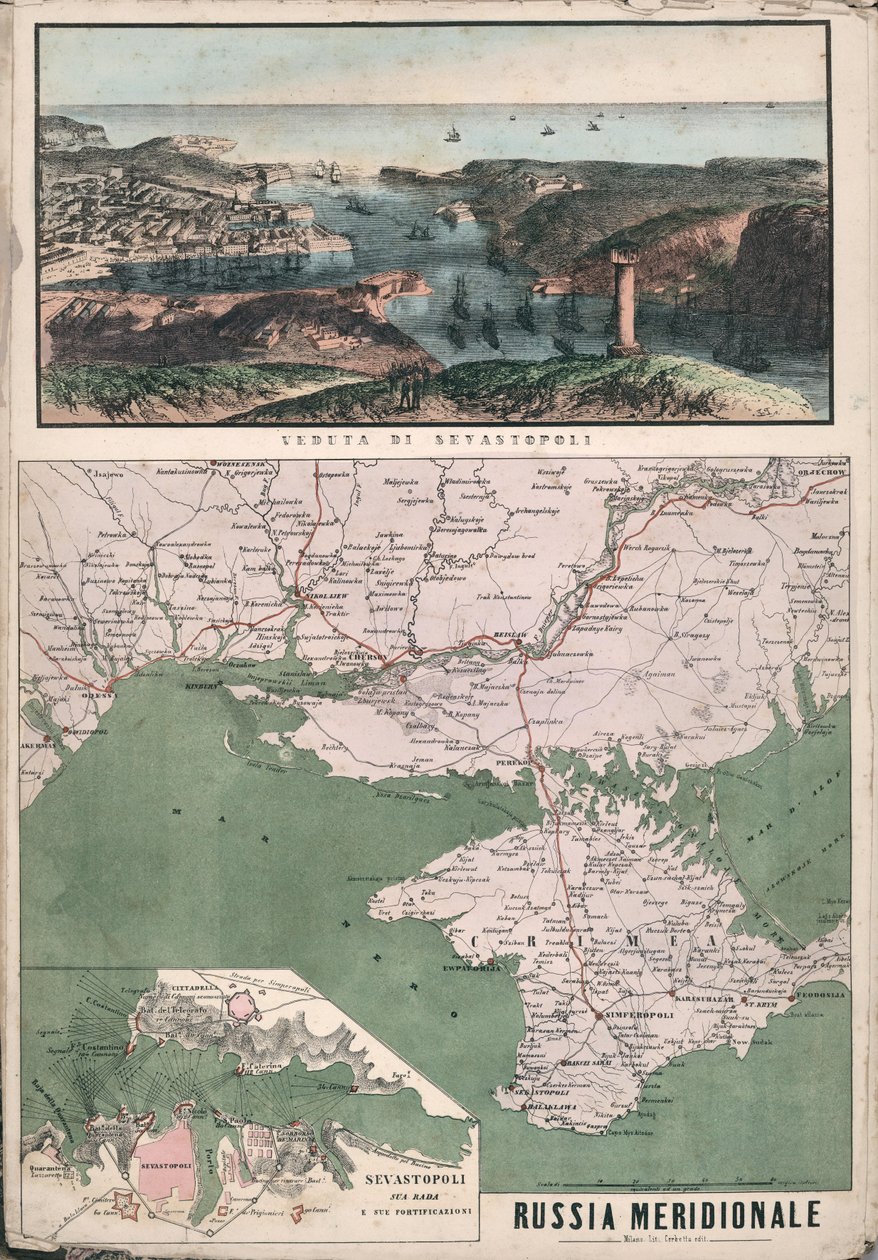 Mapa południowej Rosji z widokiem na Zatokę Sewastopolską i jej fortyfikacje, 1853. autorstwa Giuseppe Civelli