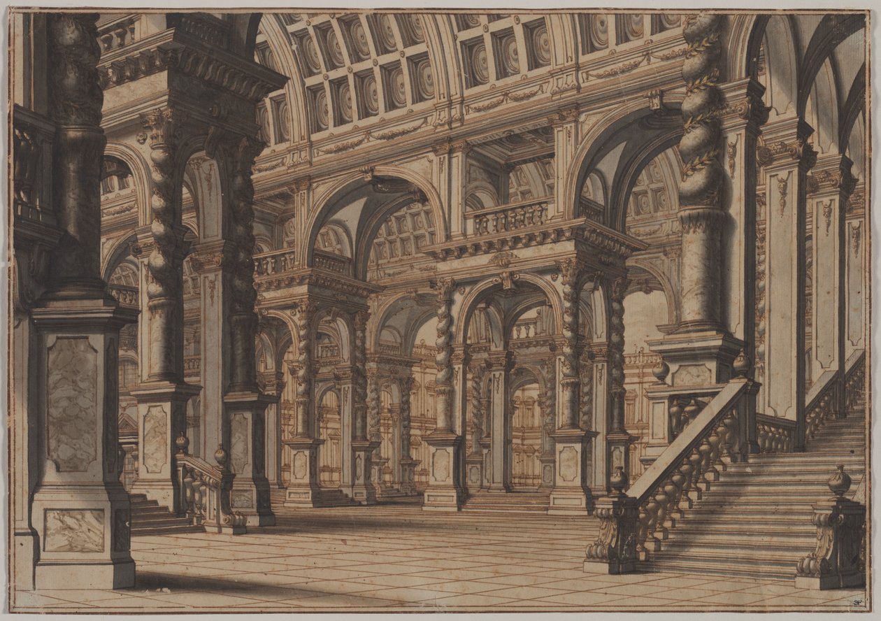 Monumentalna sala sklepiona z klatką schodową, druga ćw. XVIII w. autorstwa Giuseppe Galli Bibiena