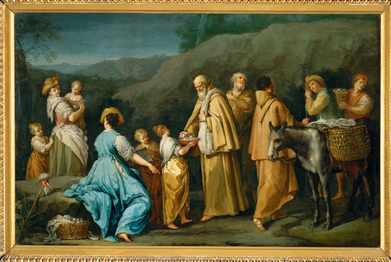 Religieux queteurs a qui une jeune fille donne des oefs - Zakonnicy, którym mała dziewczynka ofiarowuje jajka ... autorstwa Giuseppe Gambarini