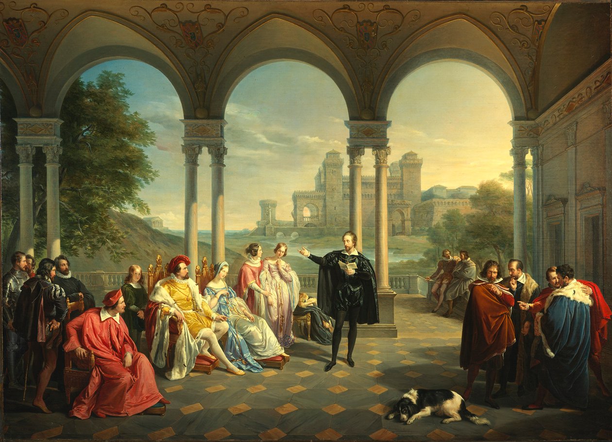 Torquato Tasso czyta La Gerusalemme Liberata na dworze Ferrary, 1841. autorstwa Giuseppe Mancinelli