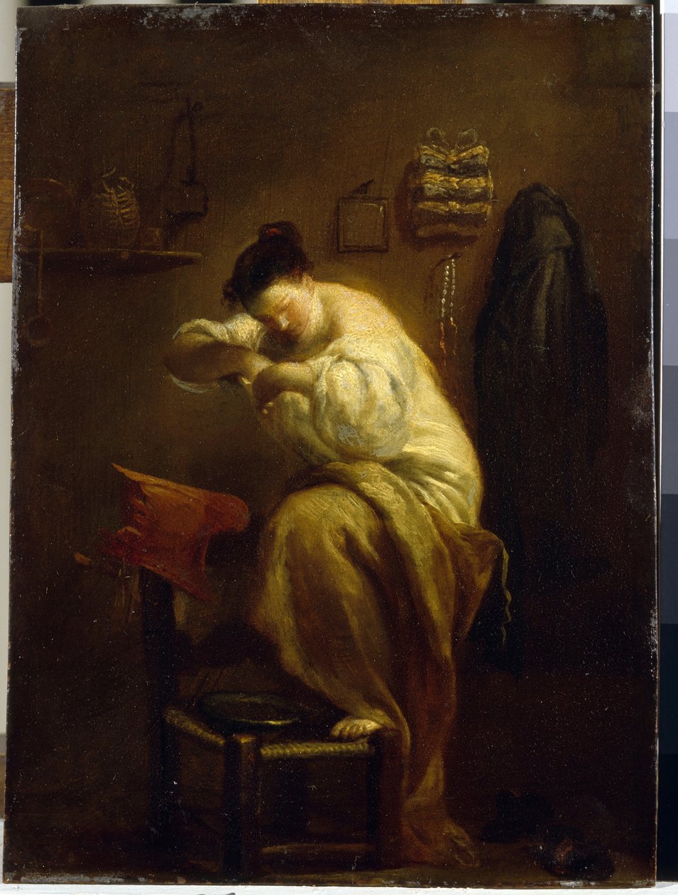 Kobieta szuka pcheł. (Kobieta szukająca pcheł). Obraz Giuseppe Marii Crespi (1665-1747), olej na płótnie, ok. 1710 r. Sztuka włoska (Bolonia) autorstwa Giuseppe Maria Crespi