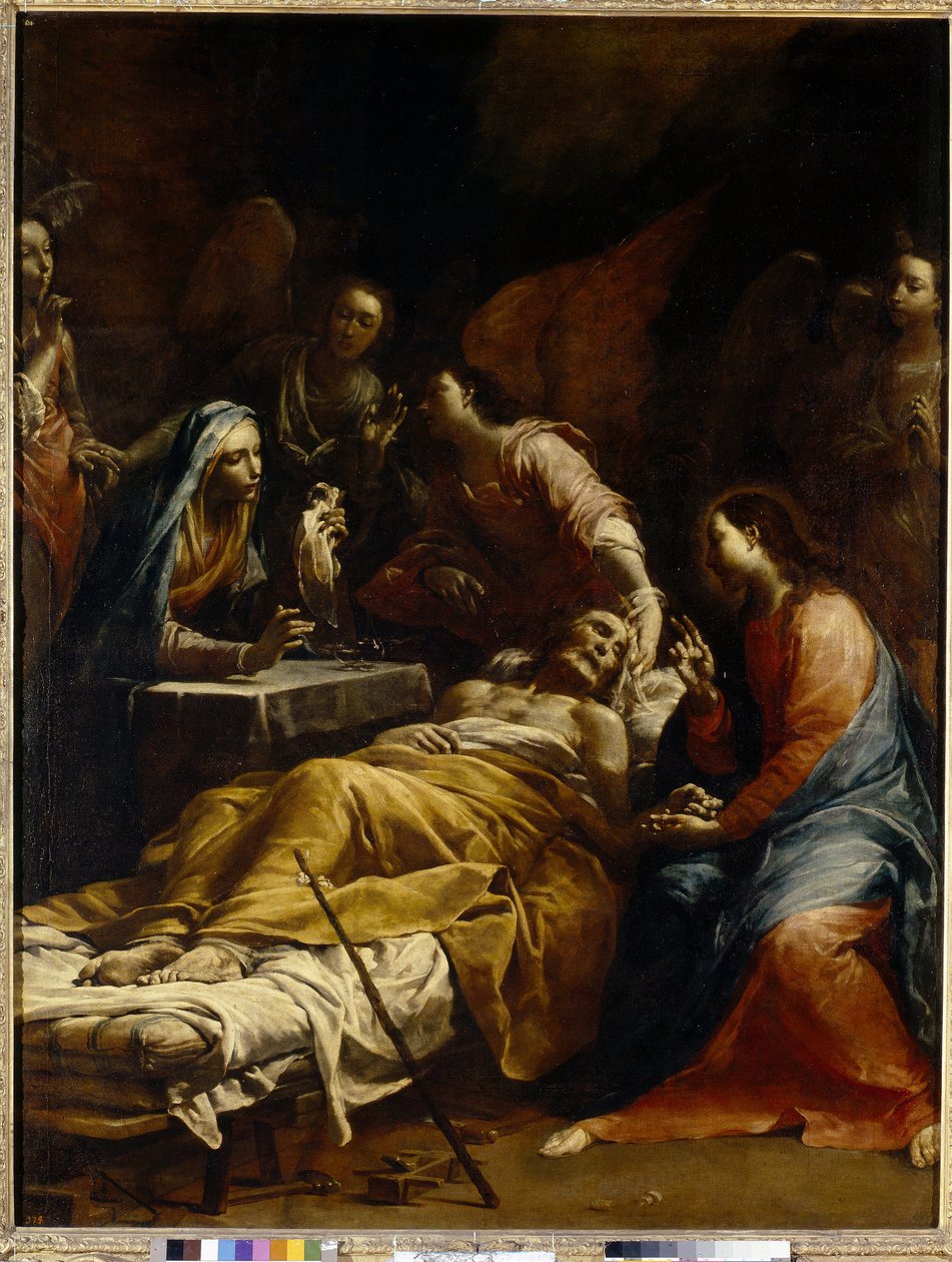 Śmierć św. Józefa (śmierć św. Józefa). Starzec leżący na łożu śmierci w otoczeniu Matki Boskiej, błogosławiący go Jezus Chrystus i aniołowie. Obraz Giuseppe Marii Crespi znany jako Lo Spagnolo (1665-1747), olej na płótnie, ok. 1712 r. Sztuka włoska autorstwa Giuseppe Maria Crespi