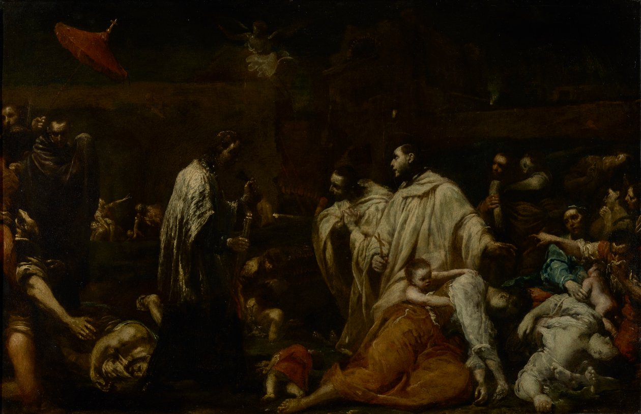 Błogosławiony Bernard Tolomei wstawiający się za ustaniem zarazy w Sienie, ok. 1735 (olej na miedzi) autorstwa Giuseppe Maria Crespi