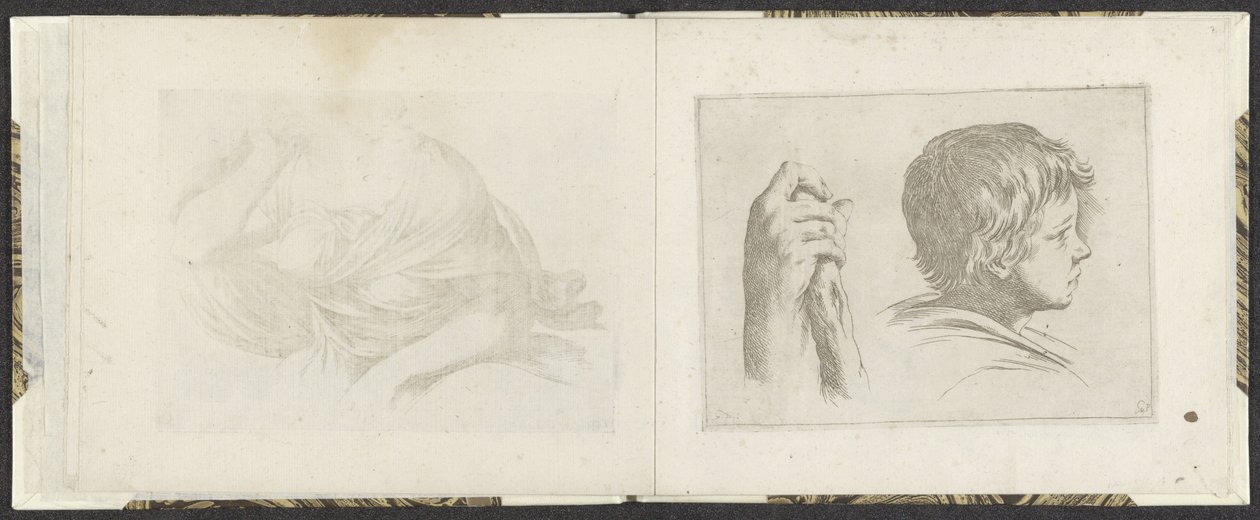 Dłoń z drewnianym kijem i głową chłopca Przykłady rysunków (tytuł serii) Mitelli intaglio (tytuł serii) autorstwa Giuseppe Maria Mitelli