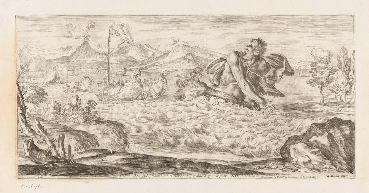 Polyphemus achtervolgt de vloot van Aeneas Tutaj Polifem jest obecny, okropny, kroczy przez równinę (tytuł na obiekcie) Omzwervingen van Aeneas (tytuł serii) L