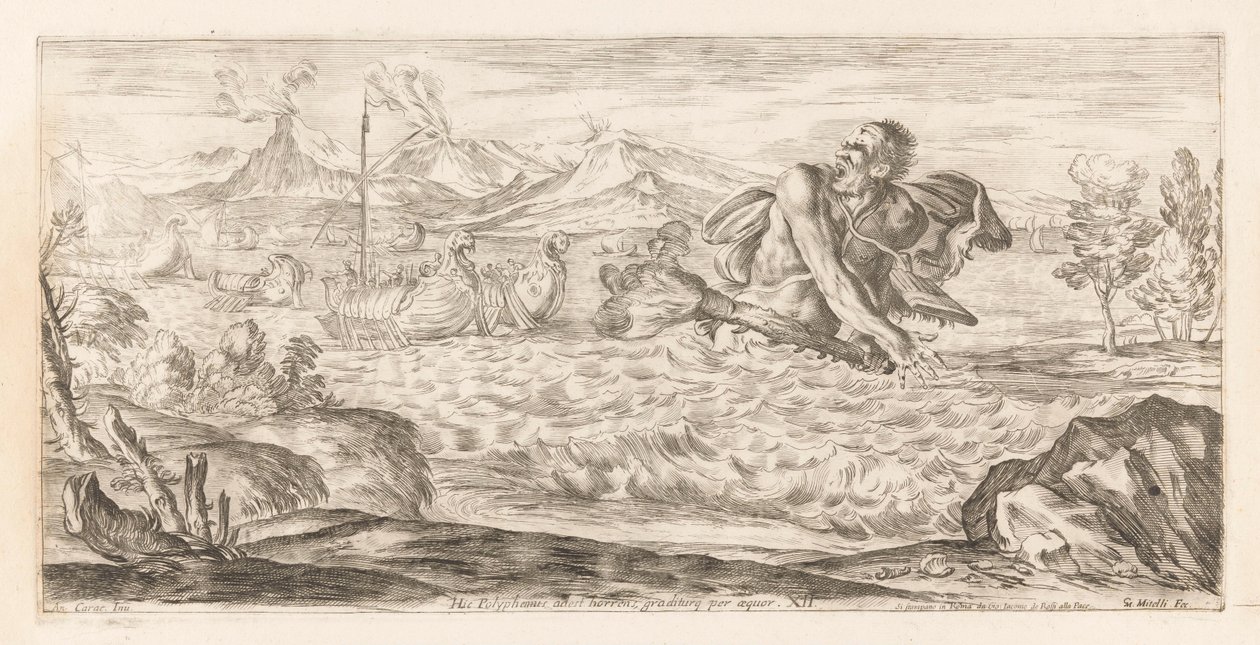 Polyphemus achtervolgt de vloot van Aeneas Tutaj Polifem jest obecny, okropny, kroczy przez równinę (tytuł na obiekcie) Omzwervingen van Aeneas (tytuł serii) L