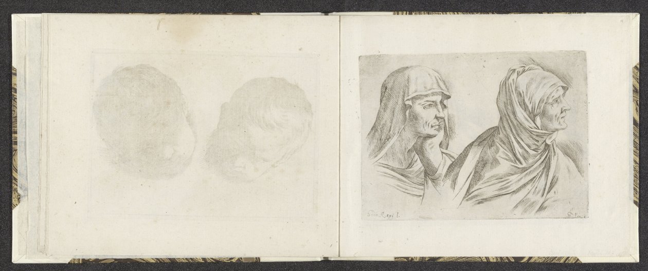 Po prawej dwa popiersia starszych kobiet Przykłady rysunków (tytuł serii) Mitelli intaglio (tytuł serii) autorstwa Giuseppe Maria Mitelli