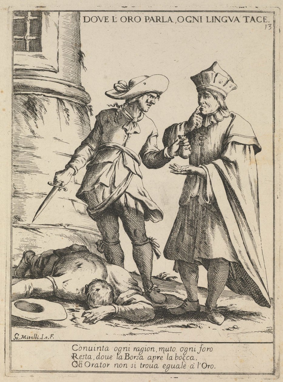 Tam, gdzie przemawia złoto, milczy każdy język. Tam, gdzie mówią, każdy język milczy, 1678 autorstwa Giuseppe Maria Mitelli