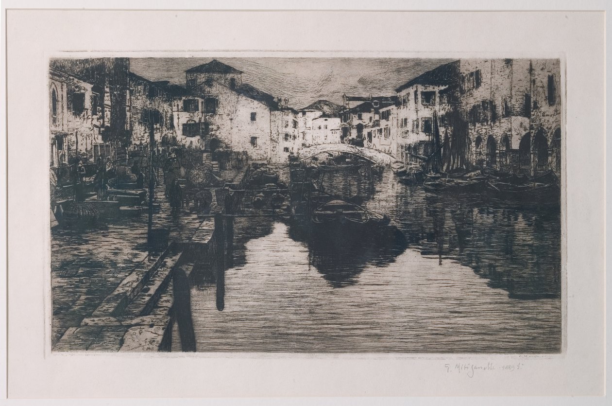 Kanał Targu Rybnego w Chioggia (akwaforta na białym papierze) autorstwa Giuseppe Miti Zanetti