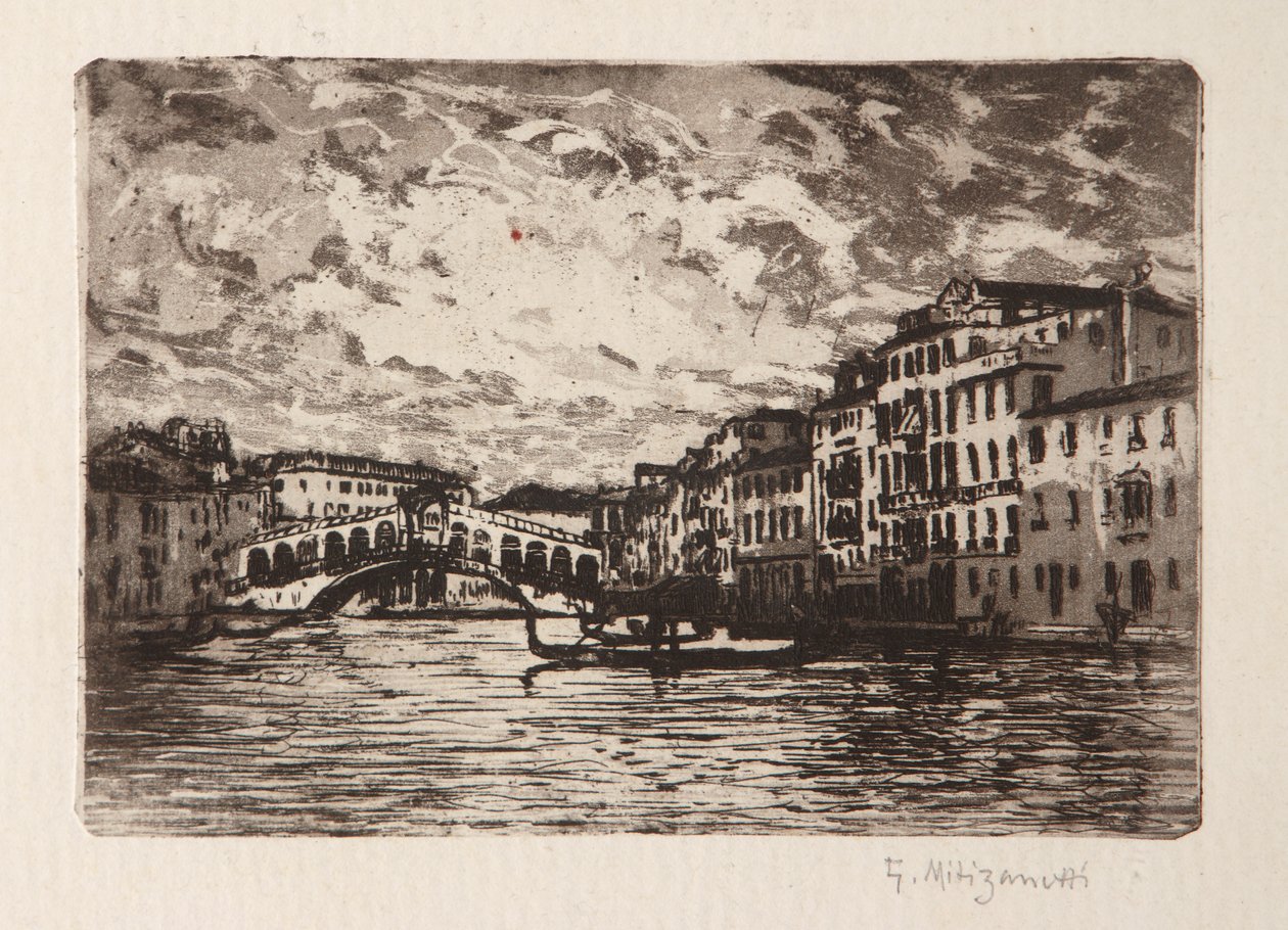 Most Rialto w Wenecji (akwaforta i akwatinta na białym papierze) autorstwa Giuseppe Miti Zanetti
