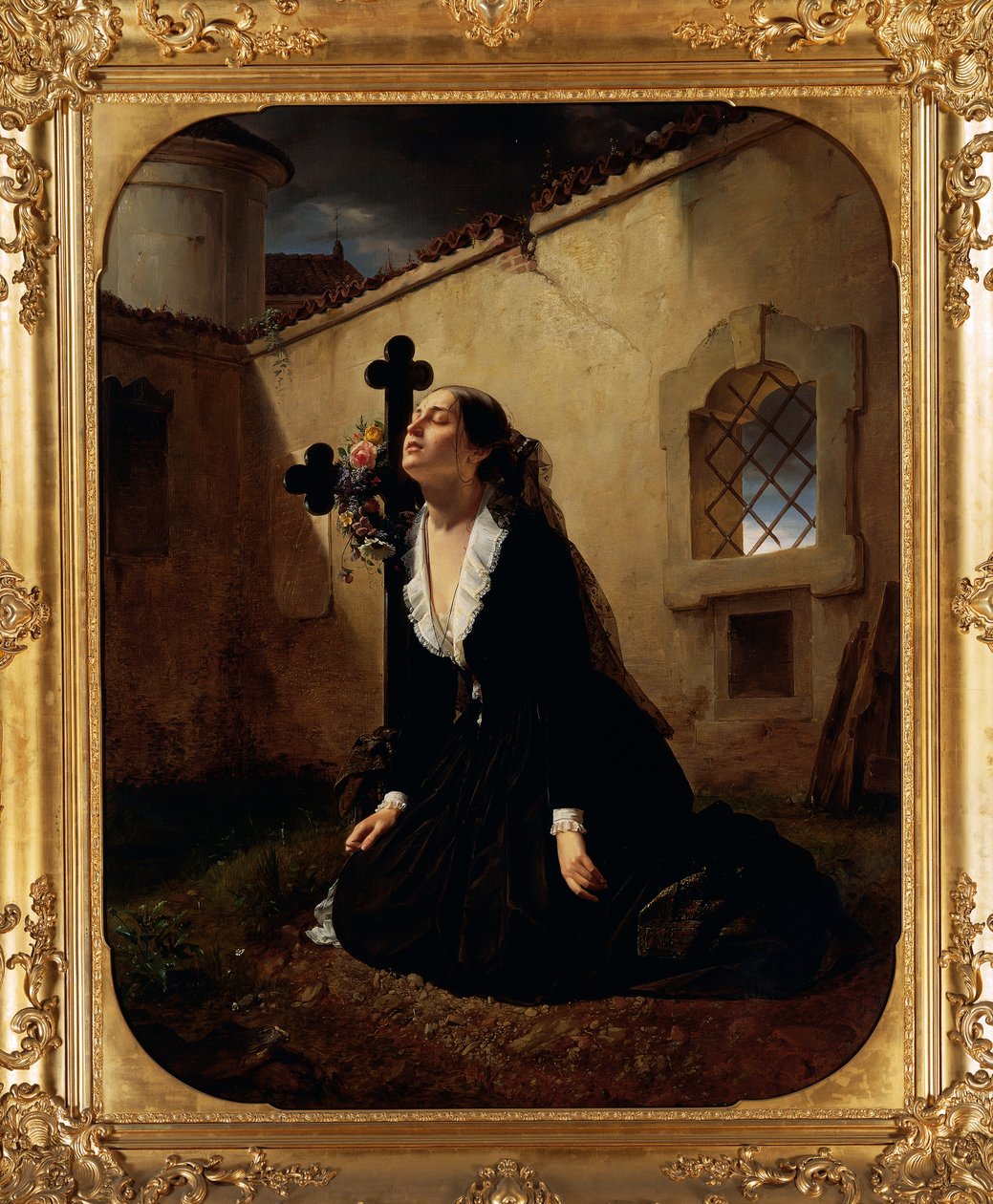 Opłakująca stratę bliskiej osoby lub żony pułkownika Manary przy grobie jej męża, Giuseppe Molteni (1800-1867), olej, płótno autorstwa Giuseppe Molteni