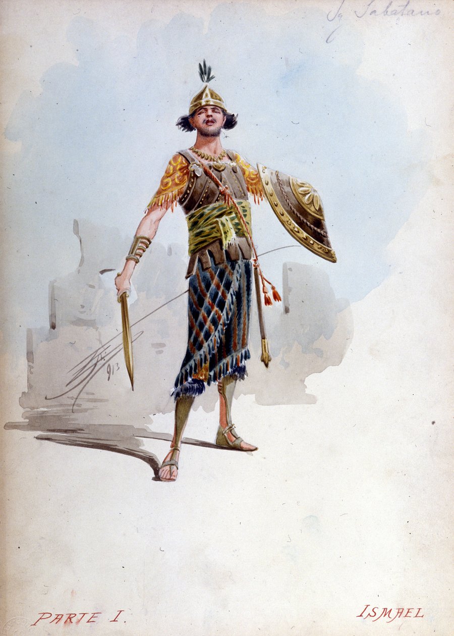 Kostium Ismaela, bratanka króla Jerozolimy autorstwa Giuseppe Palanti (1881-1946) w operze Giuseppe Verdiego (1813-1901), Nabucco po raz pierwszy nazwany Nabucodonosor. Musée de la Scala autorstwa Giuseppe Palanti
