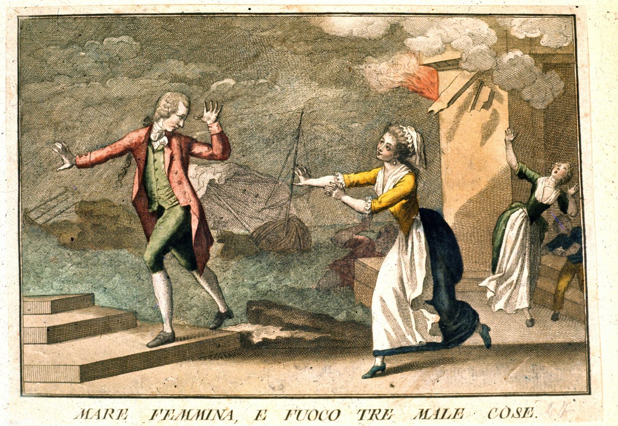 Powiedzenie: „Morze, kobiety i ogień: trzy zło””. XVIII-wieczna rycina przedstawiająca serię przysłów. Giuseppe Piattoli (1740/50-1818). autorstwa Giuseppe Piattoli
