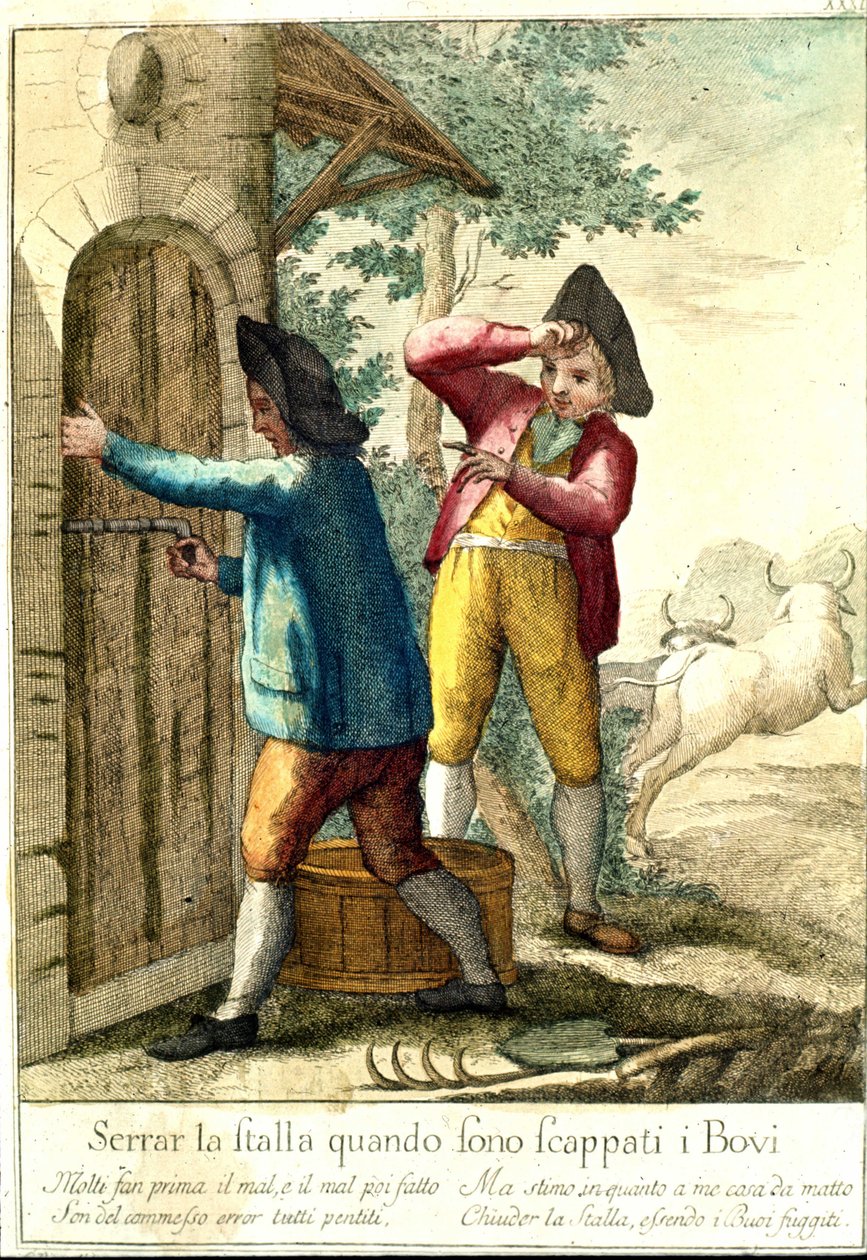 „Nie ma sensu zamykać stajni, gdy konie uciekły”. XVIII-wieczna rycina przedstawiająca serię przysłów. Giuseppe Piattoli (1740/50-1818) autorstwa Giuseppe Piattoli