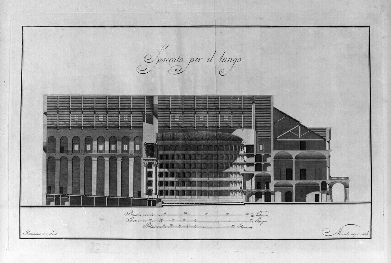 Puchar Architektoniczny Teatru La Scala Giuseppe Piermarini (1734-1808) ca. 1776-1778 Mediolan Włochy (Architektura przekrojowy rysunek teatru alla Scala autorstwa Piermarini, Mediolan, Włochy) Grawerowanie autorstwa Giuseppe Piermarini