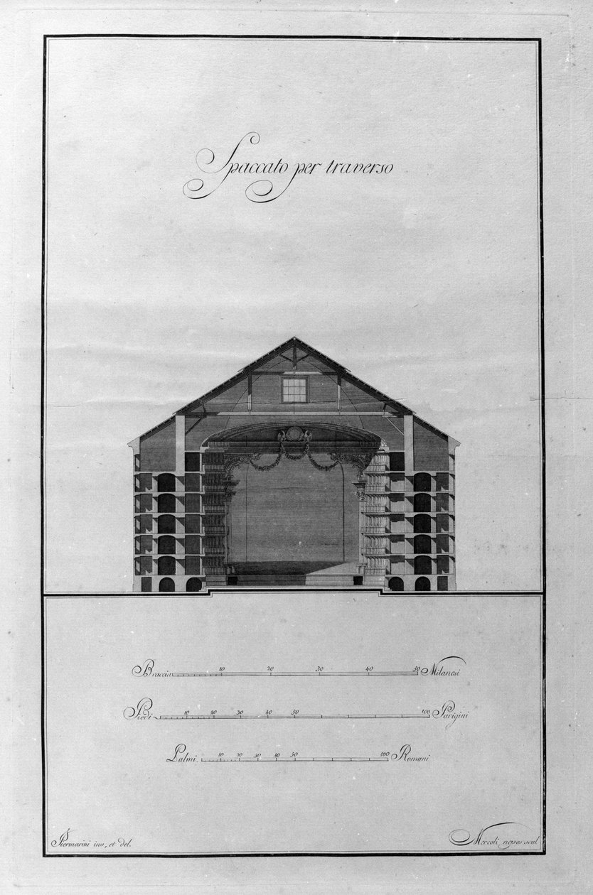 Puchar architektoniczny Teatru La Scala Giuseppe Piermarini (1734-1808) około 1776-1778 Mediolan, Włochy (Architektura przekrojowy rysunek teatru alla Scala Piermarini, Mediolan, Włochy) Grawerowanie autorstwa Giuseppe Piermarini