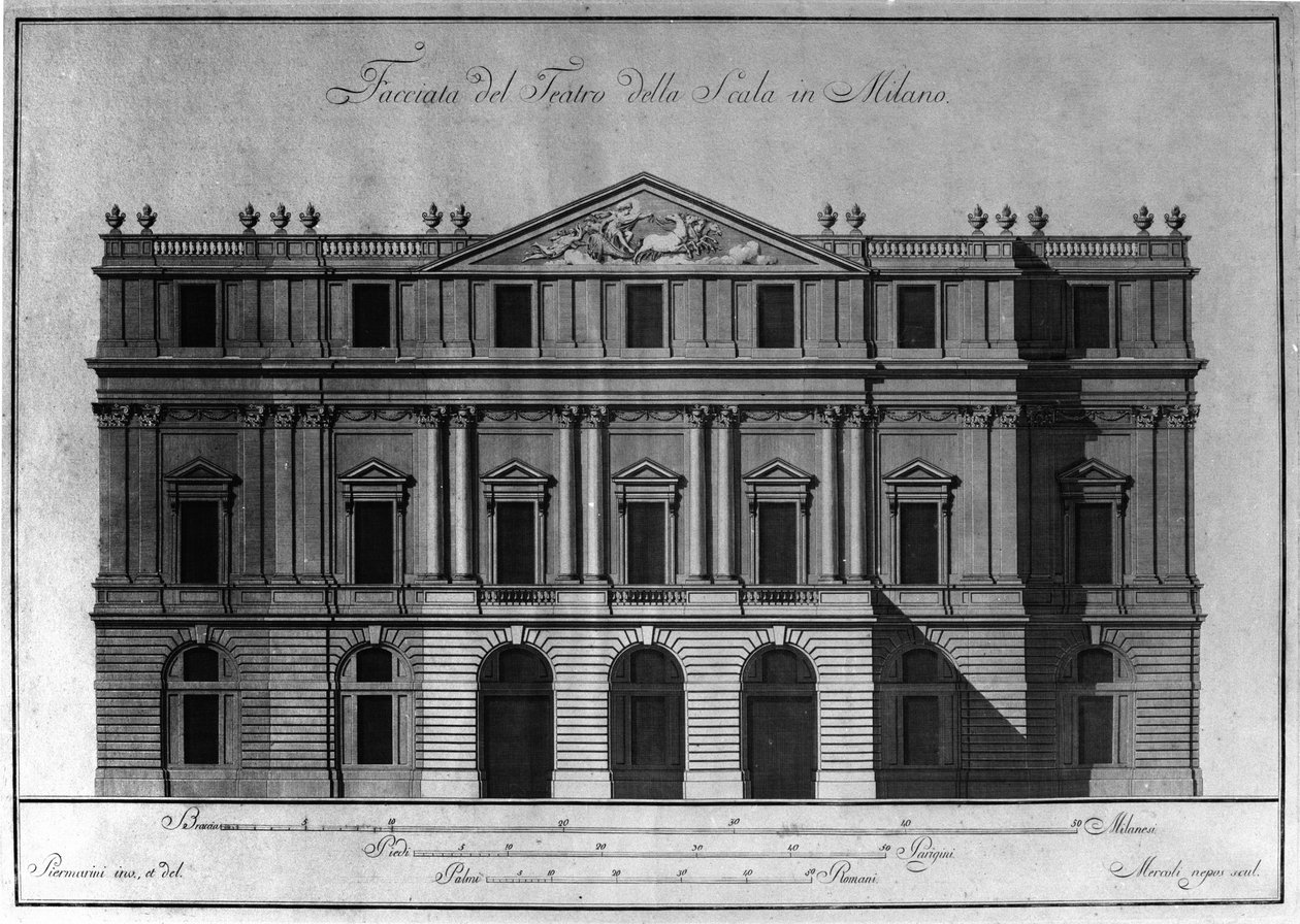 Rysunek architektury zewnętrznej fasady Teatro alla Scala (Theatre de la Scala) w Mediolanie zrealizowany przez Giuseppe Piermariniego (1734-1808). autorstwa Giuseppe Piermarini