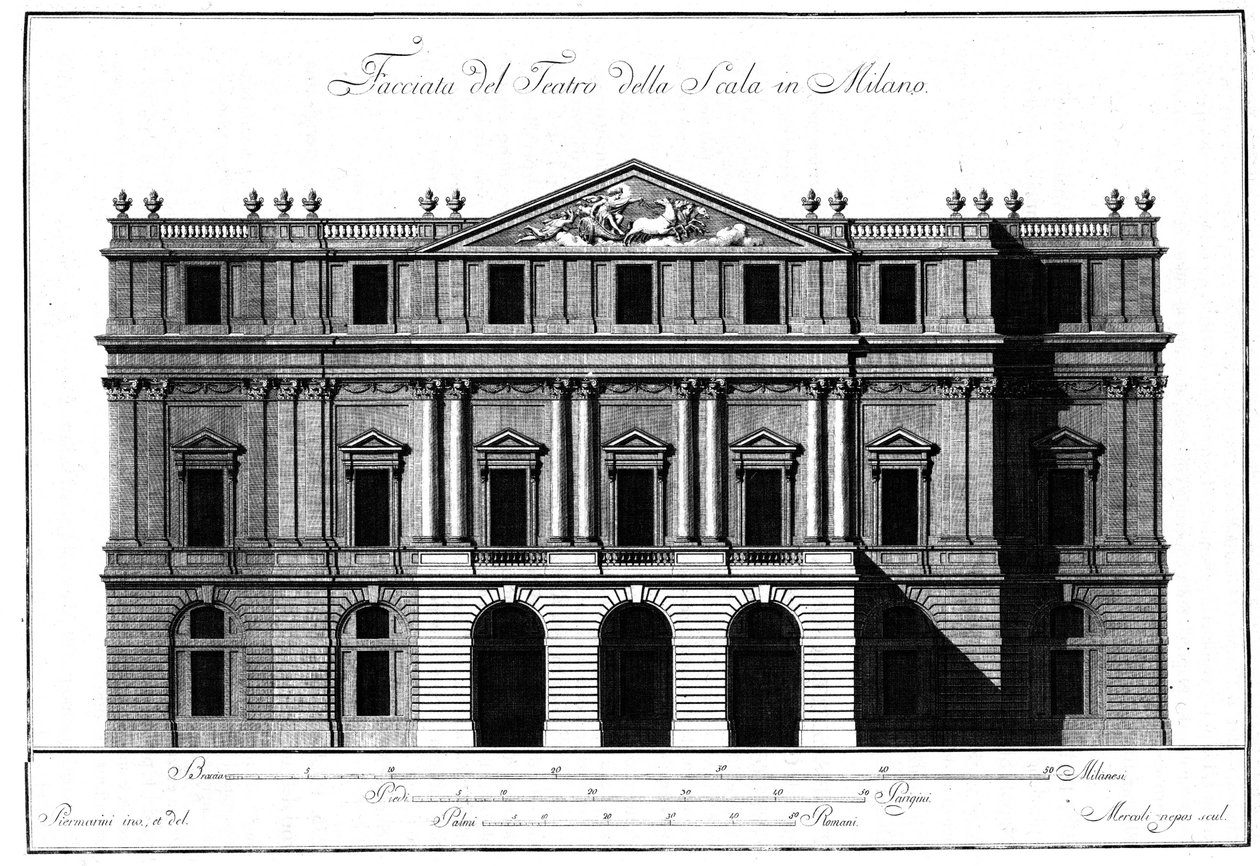 Rysunek architektury zewnętrznej fasady Teatro alla Scala (Theatre de la Scala) w Mediolanie zrealizowany przez Giuseppe Piermariniego (1734-1808). autorstwa Giuseppe Piermarini