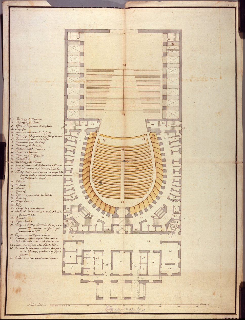 Oryginalny rysunek architektury wnętrz Teatro alla Scala autorstwa Giuseppe Piermarini
