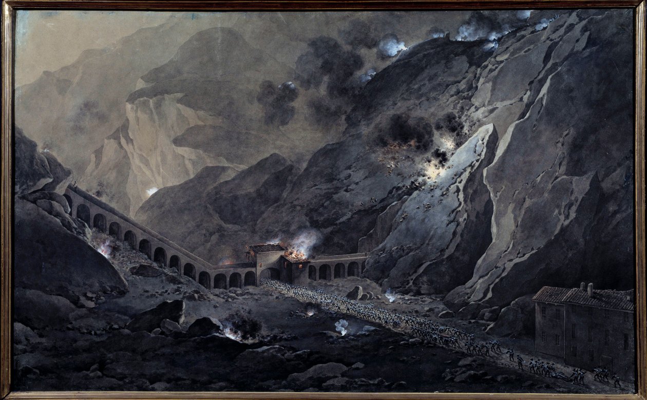 Pierwsza kampania włoska (1796-1797): „”Przejście artylerii francuskiej, nocą, pod fortem Bard, zajętym przez Austriaków 21 maja 1800 r.”” Akwarelowy gwasz Giuseppe Pietro Bagetti (1764-1831) Ndz. 1,04x0,74 m Wersal, Musee du Chateau - Fir autorstwa Giuseppe Pietro Bagetti