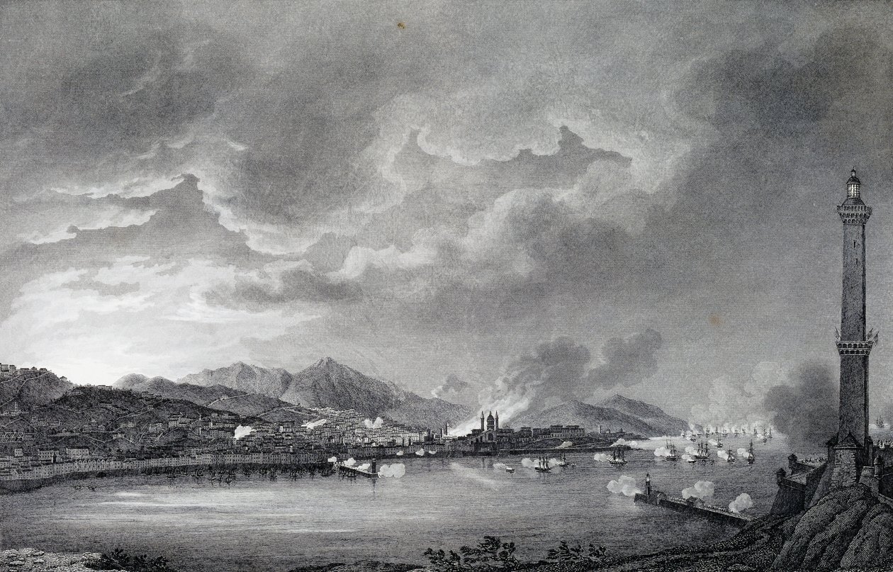 Bombardowanie Genui przez flotę angielską, 25 maja 1800, staloryt wg rysunku Giuseppe Pietro Bagetti (1764-1831), Paryż autorstwa Giuseppe Pietro Bagetti