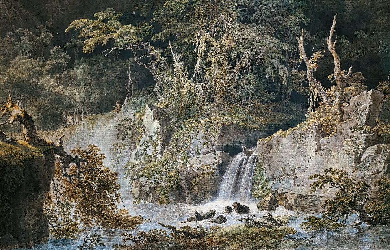 Krajobraz z wodospadem, autorstwa Giuseppe Pietro Bagetti (1764-1831). autorstwa Giuseppe Pietro Bagetti
