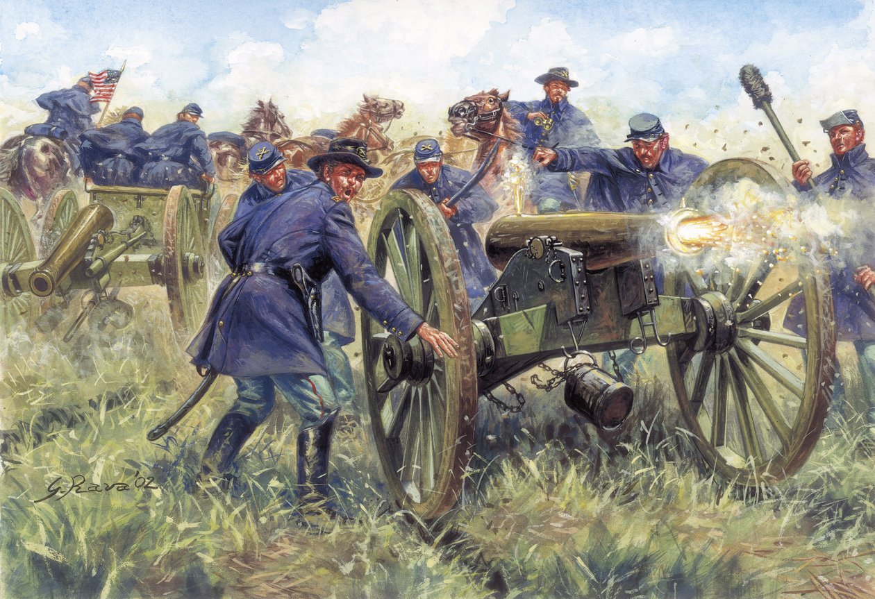 Amerykańska wojna secesyjna: Żołnierze Północy (Unii) używający broni podczas bitwy - ilustracja autorstwa Giuseppe Ravy autorstwa Giuseppe Rava