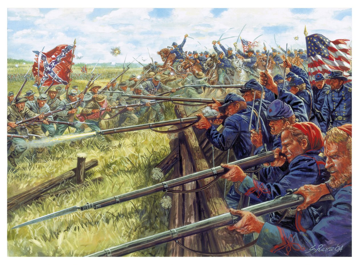 Amerykańska wojna secesyjna: bitwa między szarymi (po lewej żołnierze konfederacji) i niebieskimi (żołnierze Unii) a niebieskimi (żołnierze Unii) - Ilustracja autorstwa Giuseppe Rava autorstwa Giuseppe Rava