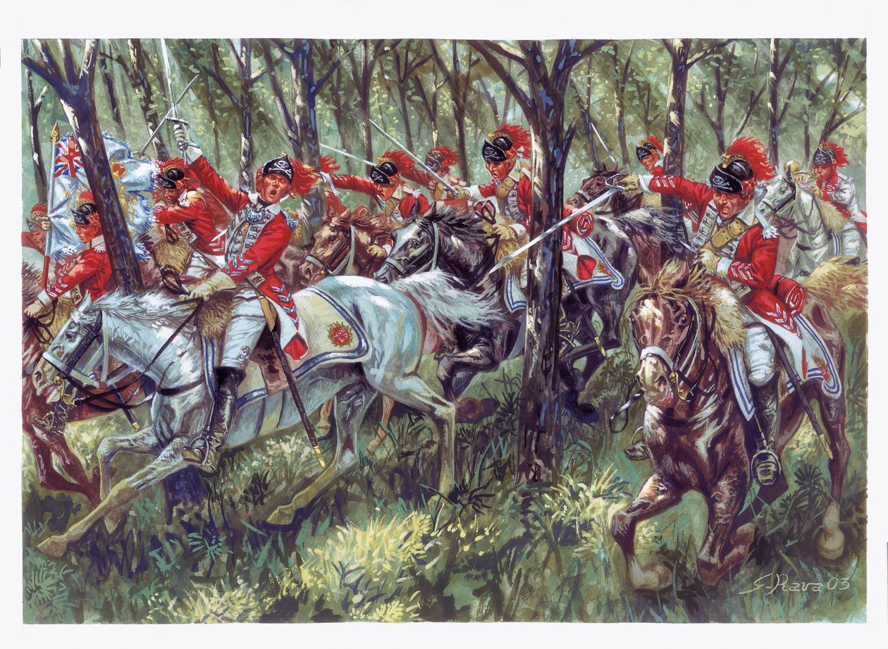 Amerykańska wojna o niepodległość (1775-1783): szarża amerykańskich osadników - Amerykańska wojna rewolucyjna - Ilustracja autorstwa Giuseppe Ravy autorstwa Giuseppe Rava