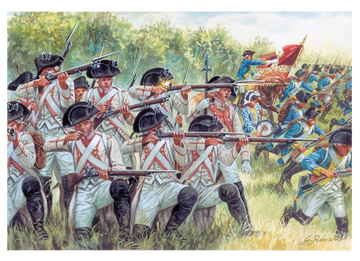 Wojna o niepodległość Stanów Zjednoczonych: francuskie regimenty walczące z amerykańskimi - ilustracja autorstwa Giuseppe Ravy autorstwa Giuseppe Rava