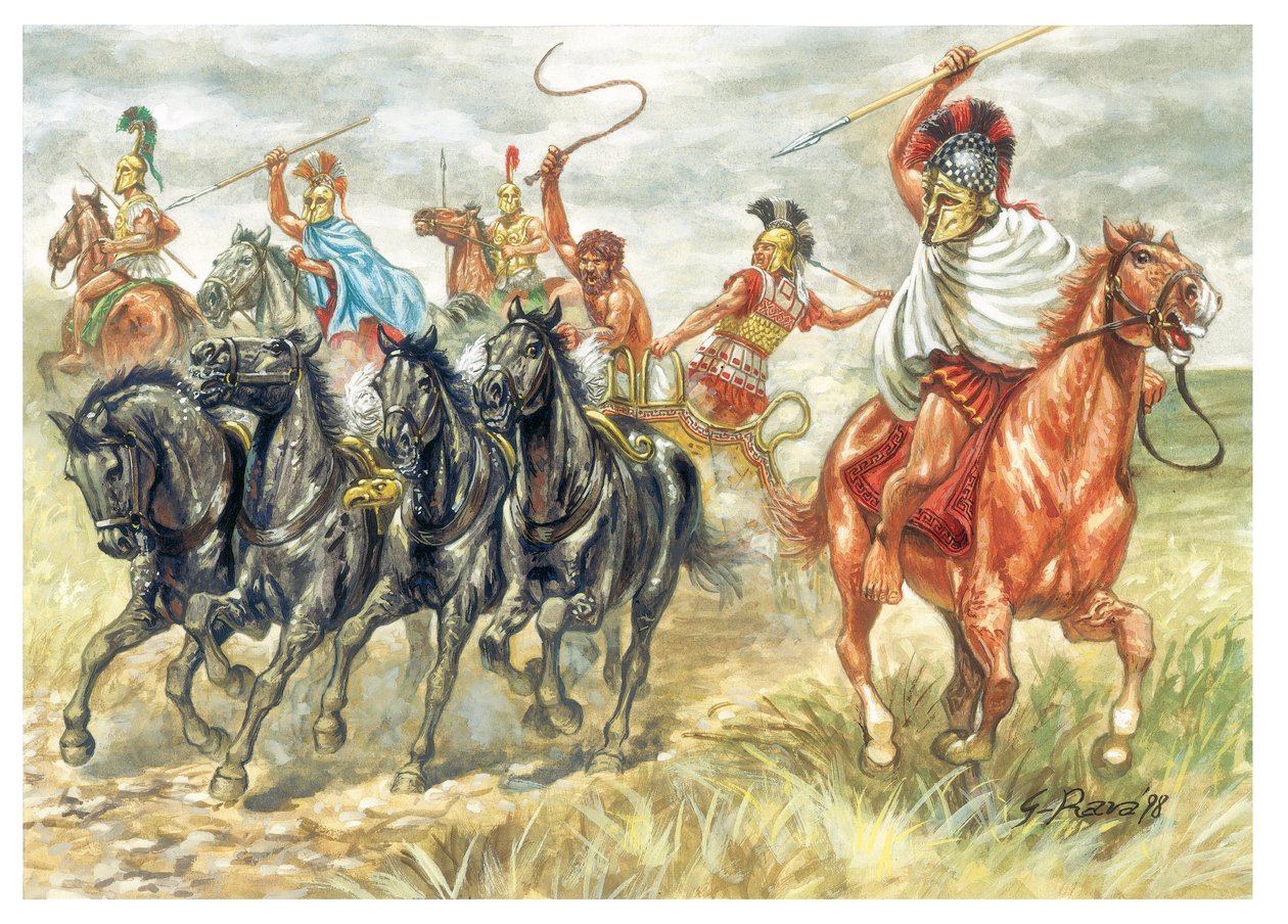 Starożytna Grecja: Greccy kawalerzyści i czołg - Starożytna Grecja: greccy żołnierze i czołg - Ilustracja autorstwa Giuseppe Rava autorstwa Giuseppe Rava