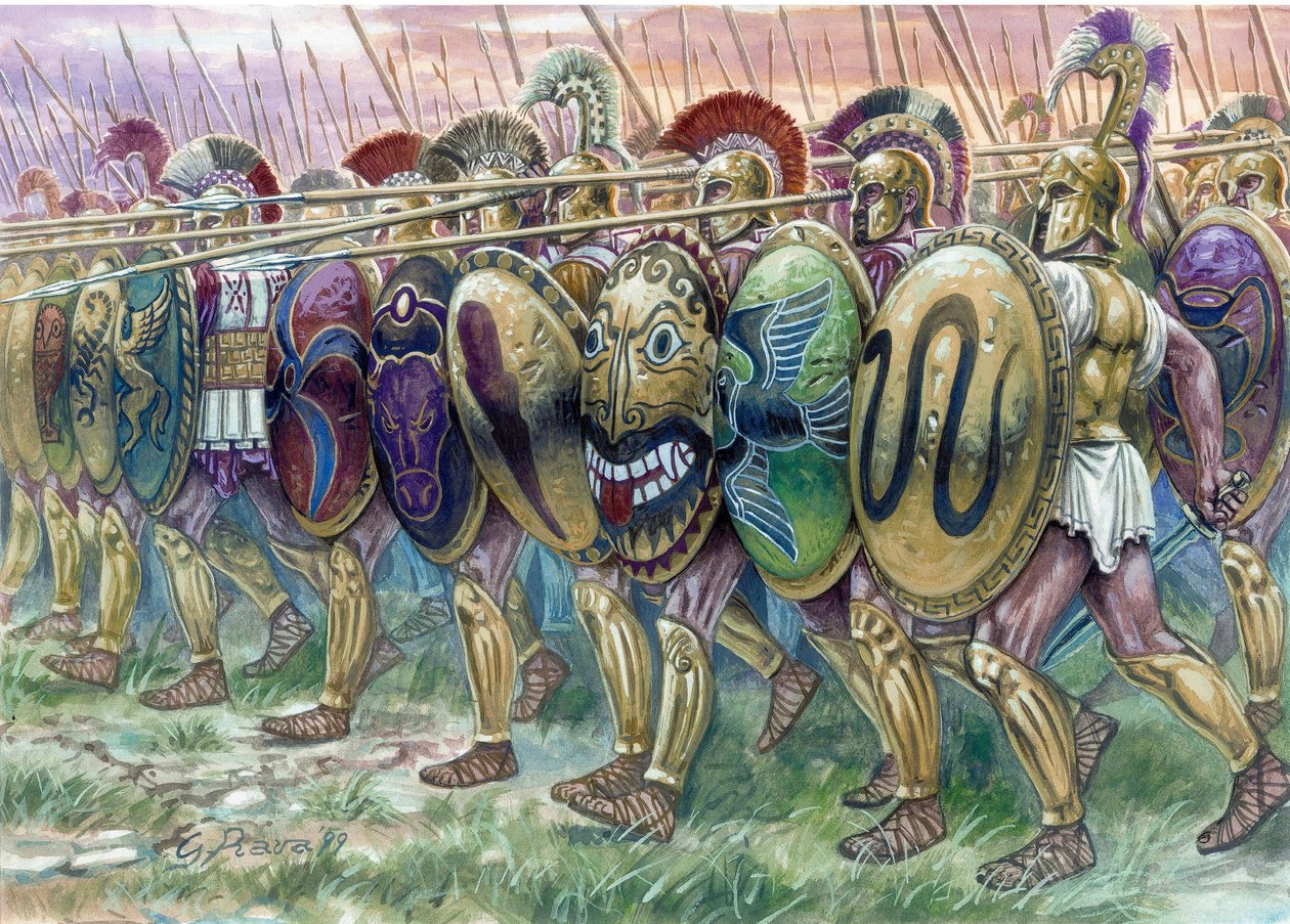 Starożytna Grecja: szarża hoplitów, ciężkozbrojni piechurzy - szarża hoplitów, greccy piechurzy - Ilustracja autorstwa Giuseppe Rava autorstwa Giuseppe Rava