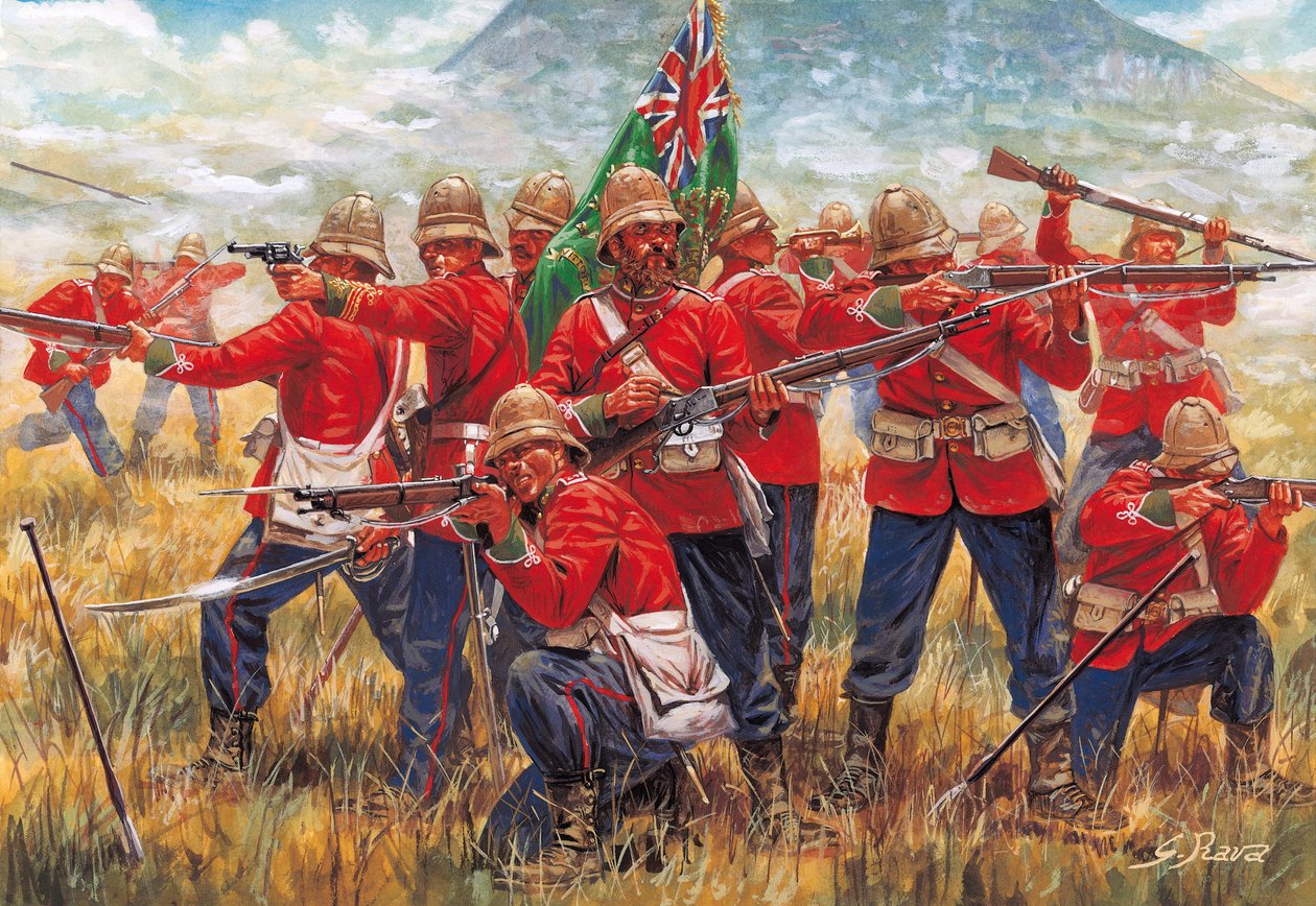 Wojna anglo-zuluska: żołnierze Imperium Brytyjskiego w bitwie pod Isandhlwana (Isandlwana lub Isandula) w Afryce Południowej, 22/01/1879 - Wojna anglo-zuluska: żołnierze Imperium Brytyjskiego, bitwa pod Isandlwana 22 stycznia 1879 - Ilustracja Giuseppe Rav autorstwa Giuseppe Rava