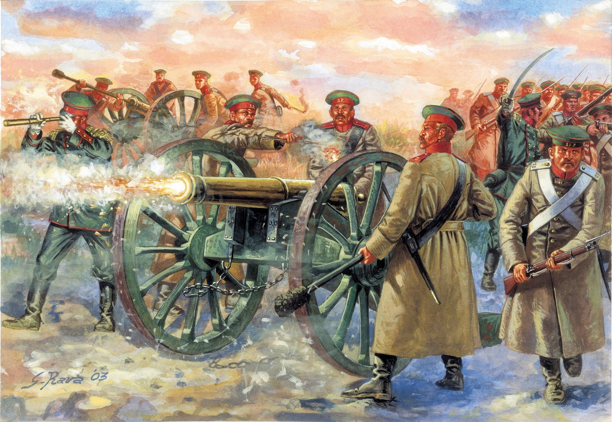 Wojna krymska: Rosyjski władca artylerii w bitwie pod Bałakławą 25 października 1854 r. - Wojna krymska: rosyjscy żołnierze podczas bitwy pod Bałakławą stoczonej 25 października 1854 r. - Ilustracja Giuseppe Ravy autorstwa Giuseppe Rava