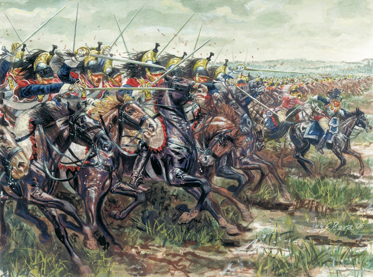 Pierwsze Cesarstwo (1804-1814): szarża pancerników Wielkiej Armii Napoleona I - ilustracja Giuseppe Ravy autorstwa Giuseppe Rava