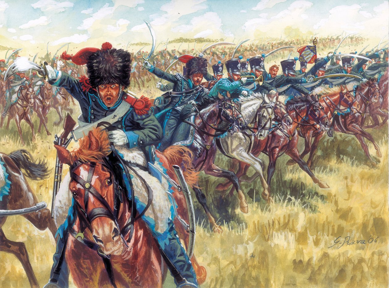 Pierwsze cesarstwo: 16. pułk strzelców konnych Wielkiej Armii - Pierwsze cesarstwo: 16. pułk francuskiej lekkiej kawalerii - Ilustracja autorstwa Giuseppe Ravy autorstwa Giuseppe Rava