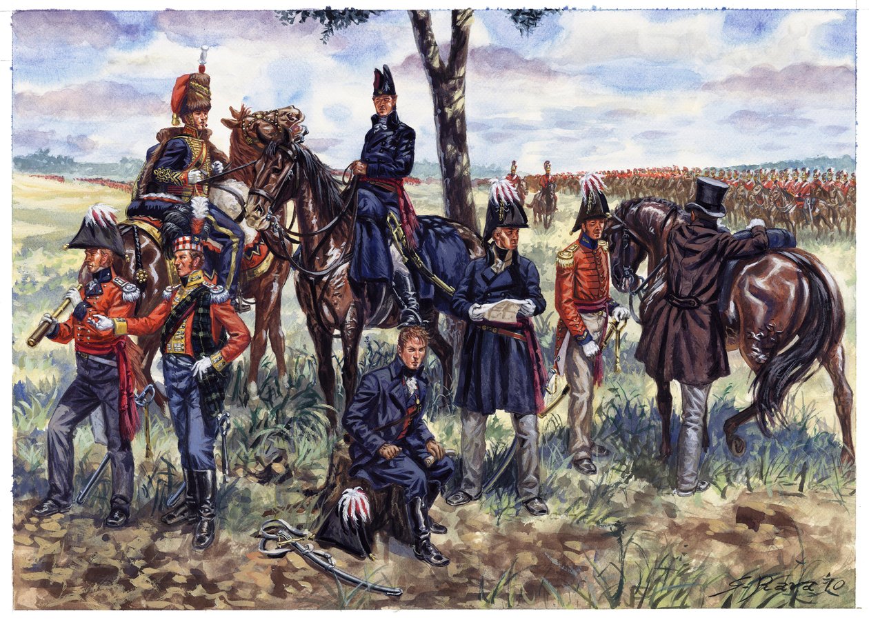 Pierwsze Imperium: Sztab księcia Wellingtona w bitwie pod Waterloo 18 czerwca 1815 r. - ilustracja Giuseppe Ravy autorstwa Giuseppe Rava