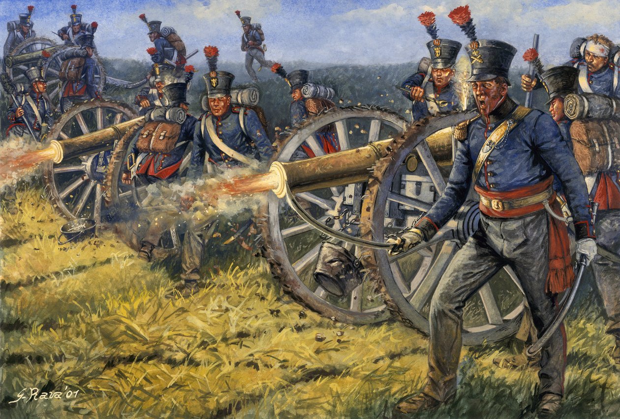 Pierwsze cesarstwo: Holenderscy żołnierze artylerii belgijskiej oddający strzały armatnie w bitwie pod Waterloo 18/06/1815 - Pierwsze Cesarstwo: żołnierze artylerii belgijskiej i holenderskiej strzelający z dział podczas bitwy pod Waterloo 18 czerwca 1815  autorstwa Giuseppe Rava